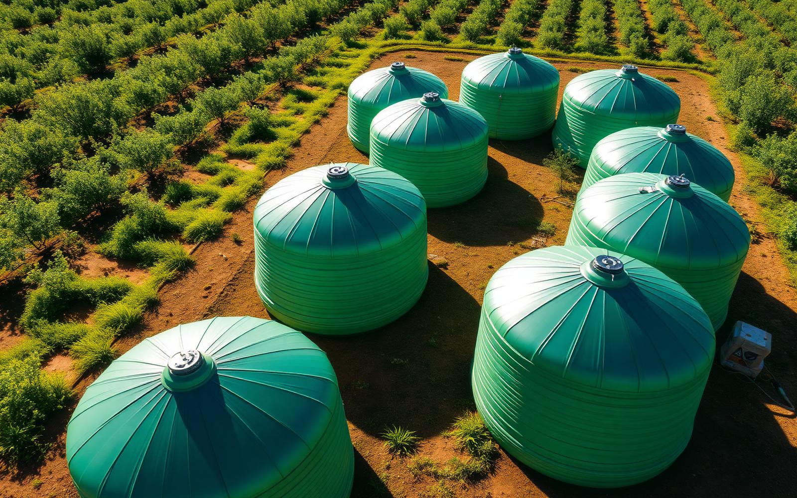 Aerial view of multiple BagitSA water bladders serving an Eastern Cape citrus irrigation site