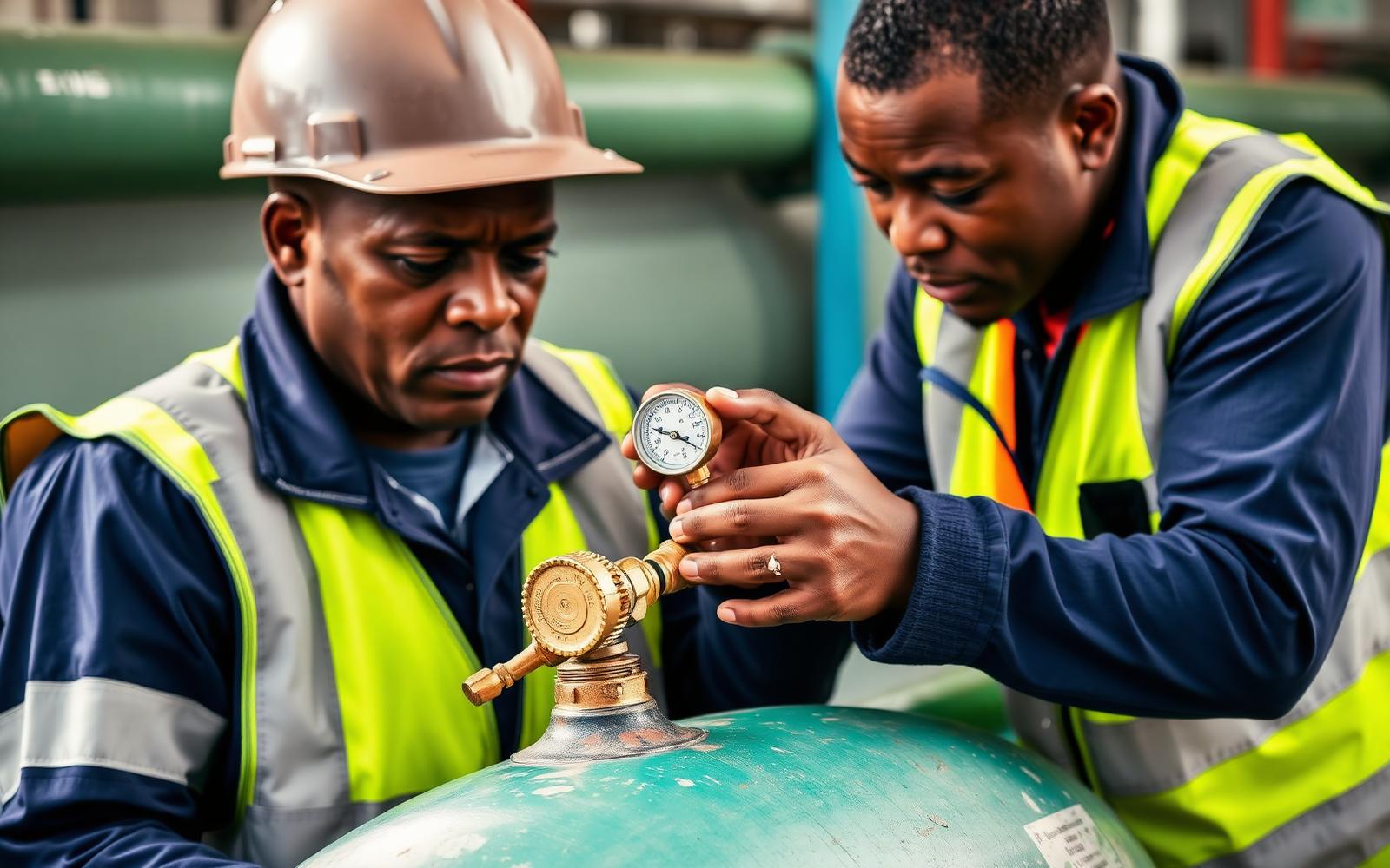 ECWS technicians inspecting a water bladder fitting with a pressure gauge in the Eastern Cape