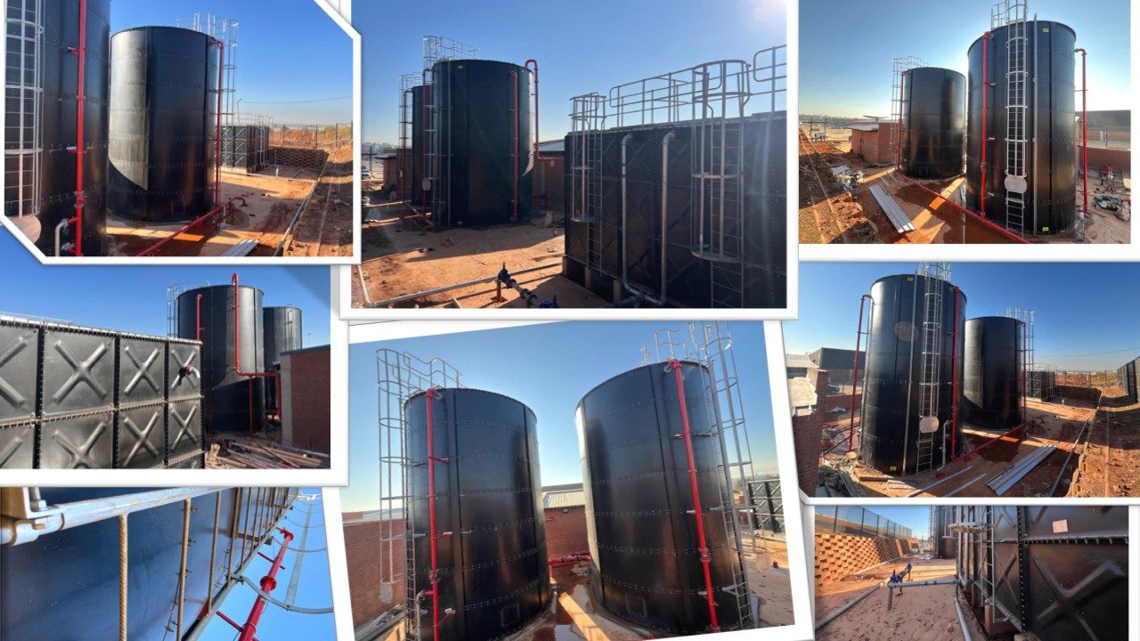Powder-coated sectional steel water tank and cylindrical tanks installed at the Fleurhof Mall development