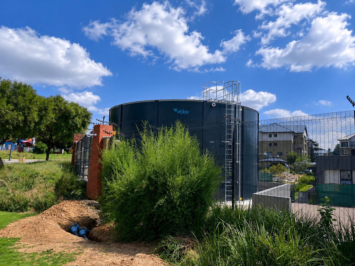 Powder-coated cylindrical steel water reservoir installed at Kikuyu Lifestyle Centre in Waterfall City