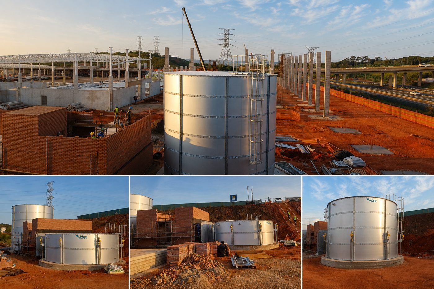 Cylindrical Aluzinc steel fire water storage tanks at the Leroy Merlin Cornubia development in KwaZulu-Natal
