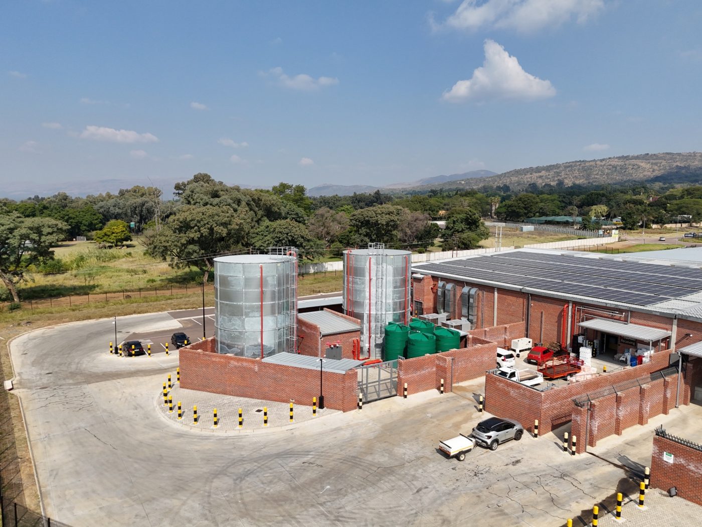 Two cylindrical steel fire protection water tanks installed at the President Hyper development in Rustenburg