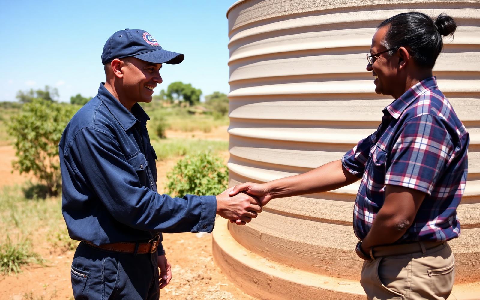 ECWS technician shaking hands with a client at a completed water tank installation in the Eastern Cape