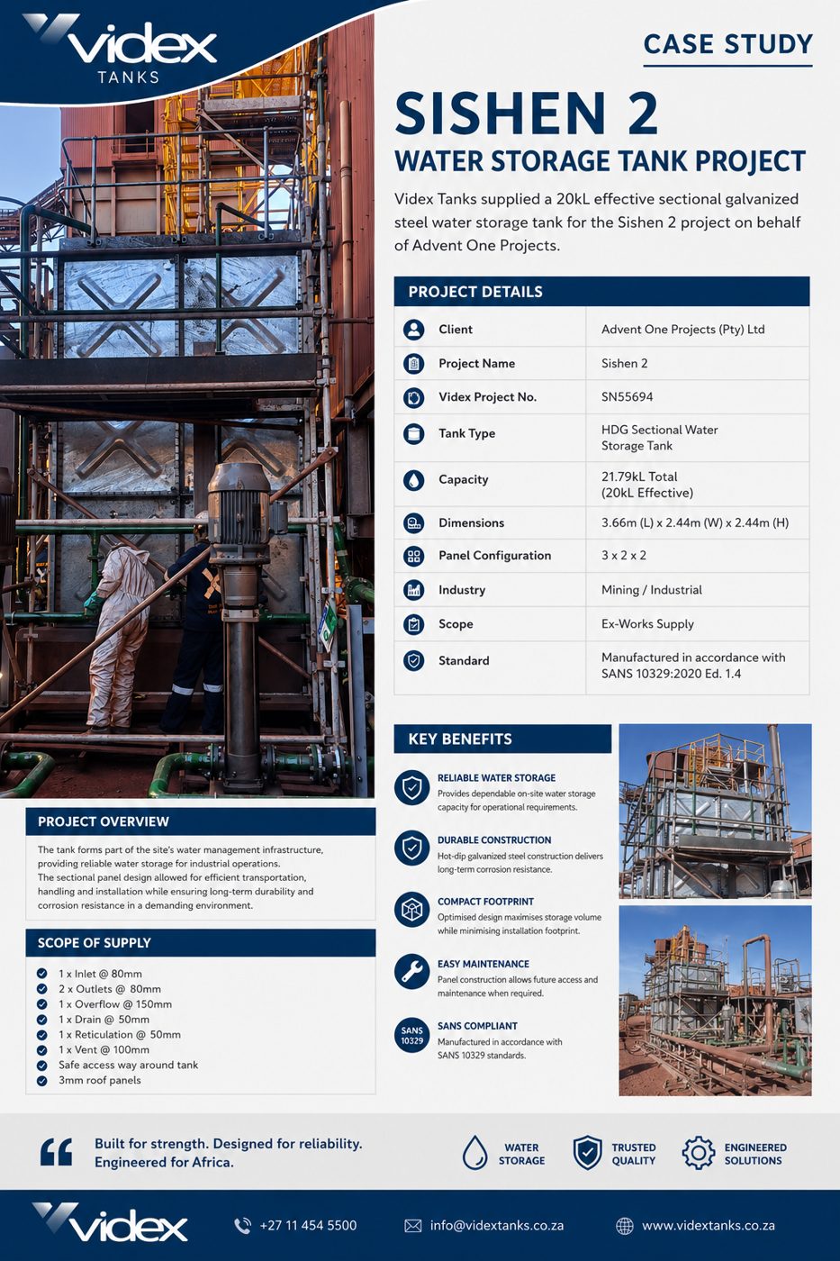 Hot-dip galvanised sectional steel water storage tank supplied for the Sishen mining project in the Northern Cape