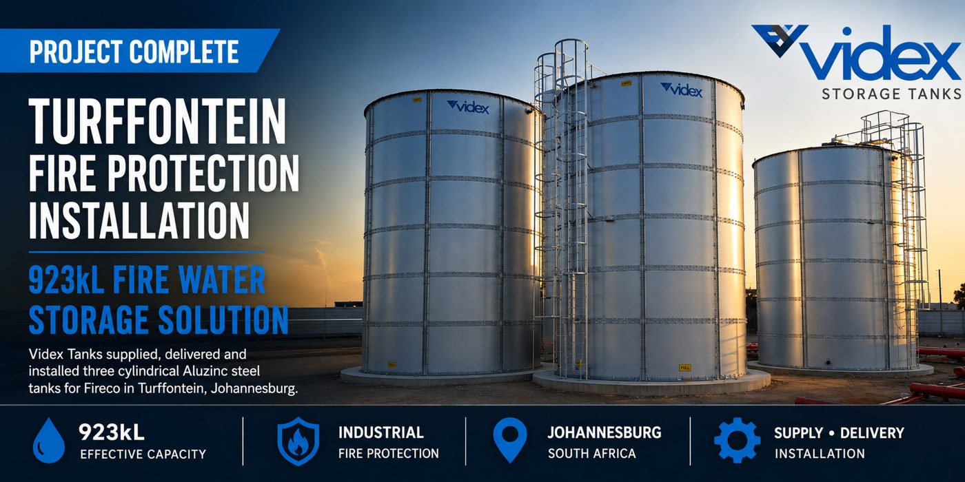 Three cylindrical Aluzinc steel fire water tanks installed in Turffontein, Johannesburg