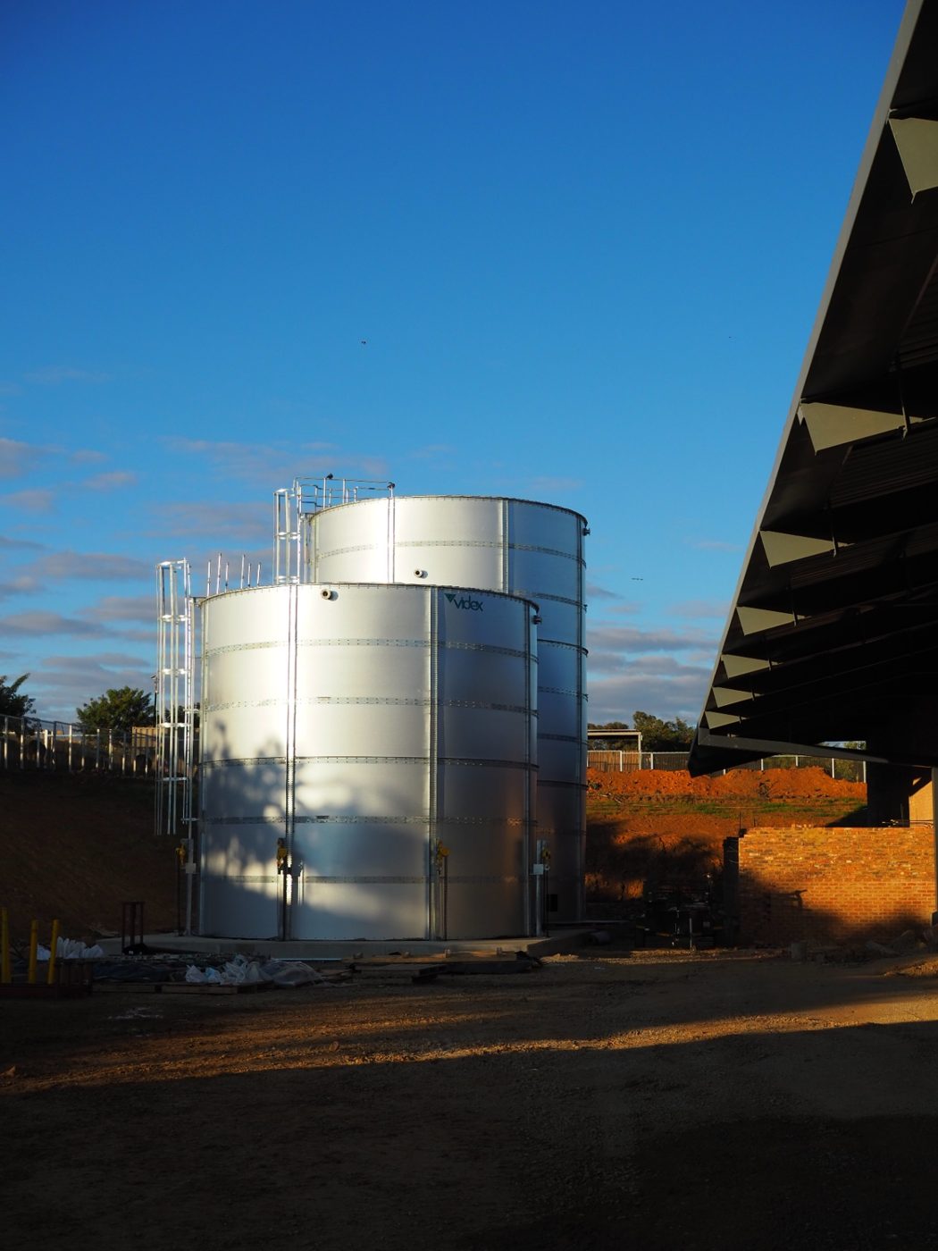 Two cylindrical Aluzinc steel fire protection tanks installed for Vox Fire in Heidelberg
